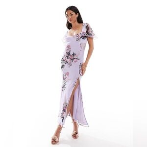 ASOS DESIGN Tall flutter.sleeve maxi dress with lace insert in blue burnout